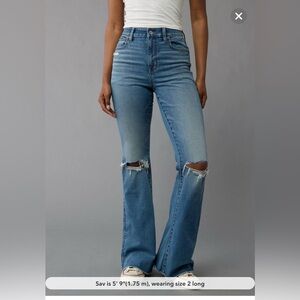 American Eagle Outfitters Women's Blue Jeans: super high rise ripped flare jeans